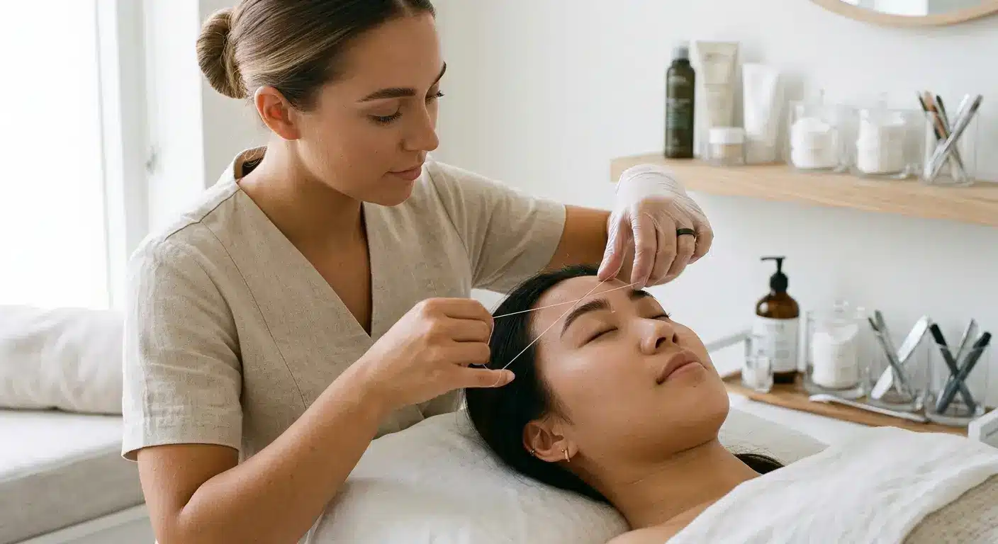 Threading over waxing for sensitive skin – beauty therapist threading eyebrows
