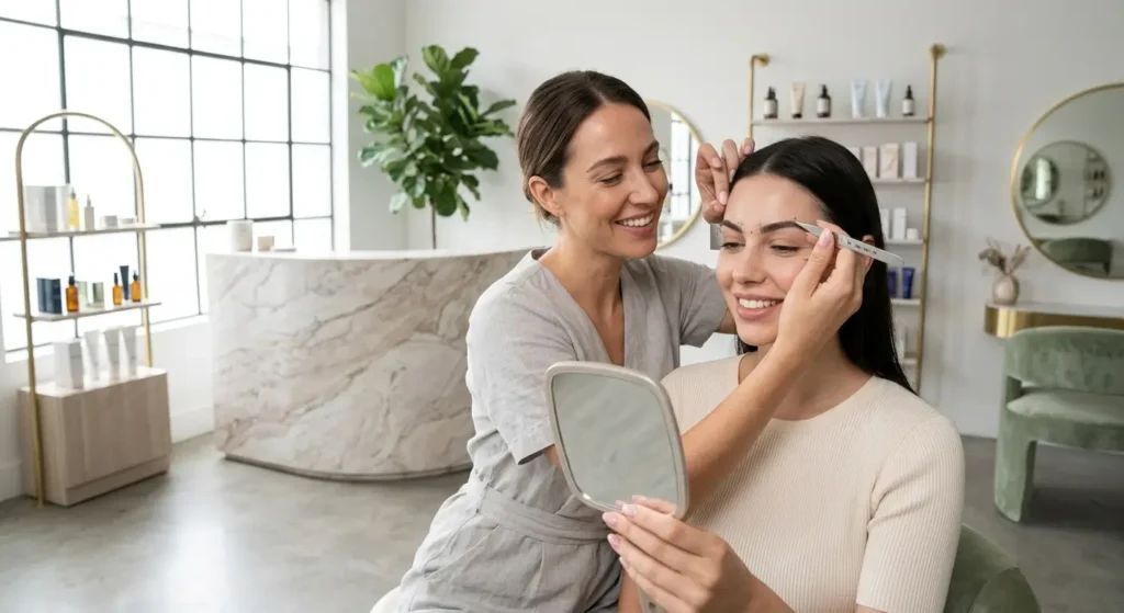 CCertified beautician performing facial brow mapping consultation for a client at Highbrow Beauty Collectives salon.