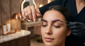 Professional aesthetician using twisted organic cotton thread to shape and define eyebrows during a threading appointment.