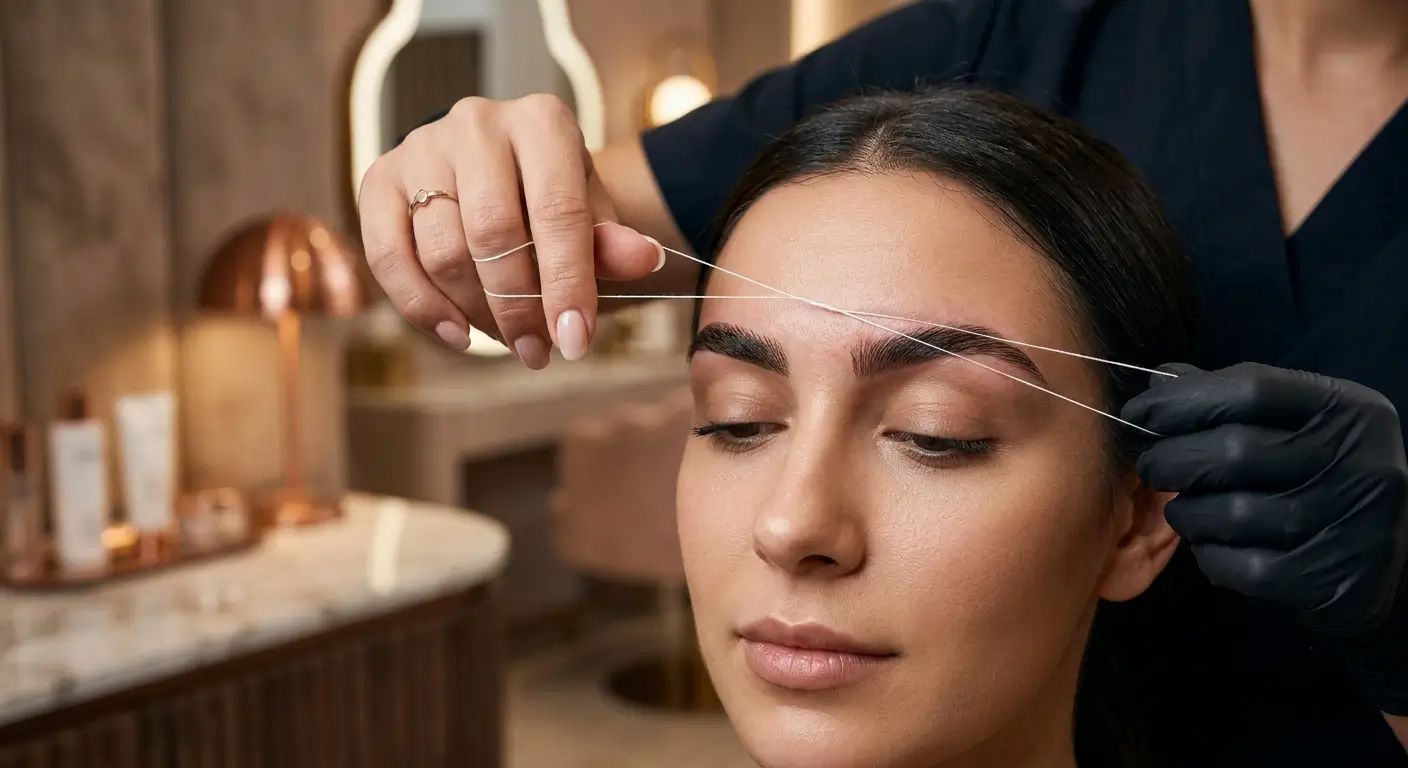 Professional aesthetician using twisted organic cotton thread to shape and define eyebrows during a threading appointment.