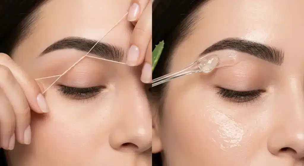 Cleanly sculpted eyebrow shape demonstrating the precise and skin-friendly benefits of eyebrow threading over waxing.
