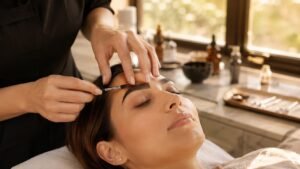 Beauty therapist performing brow lamination treatment on a client's eyebrows in a Sydney salon