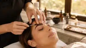 Beauty therapist performing brow lamination treatment on a client's eyebrows in a Sydney salon