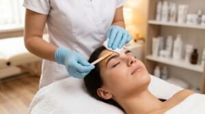 Professional esthetician applying warm eyebrow wax during a salon treatment comparing eyebrow threading vs waxing techniques.