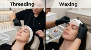 A split image highlighting eyebrow threading vs waxing, showing an esthetician shaping brows with thread on the left and applying a wax strip on the right.