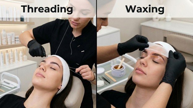 A split image highlighting eyebrow threading vs waxing, showing an esthetician shaping brows with thread on the left and applying a wax strip on the right.