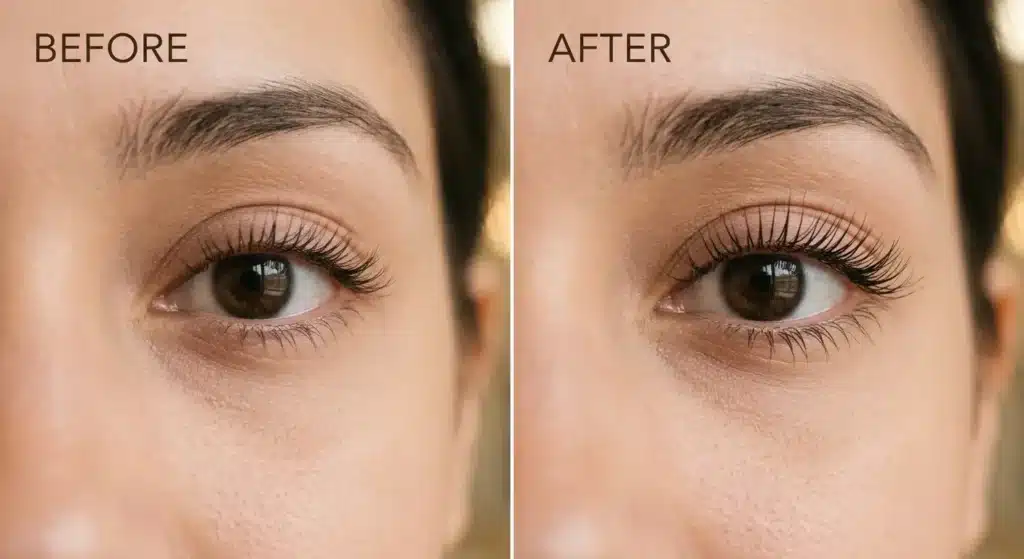 Before and after results of a Korean Lash Lift at Highbrow Beauty Blacktown.