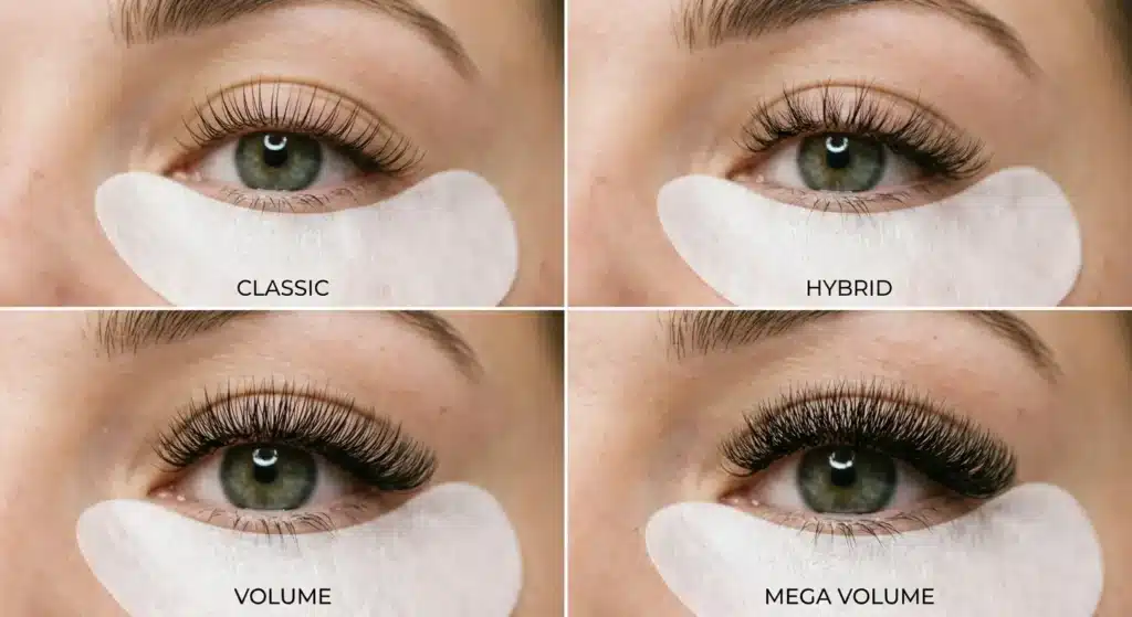 Comparison of classic, hybrid, volume, and mega volume lash extension types.