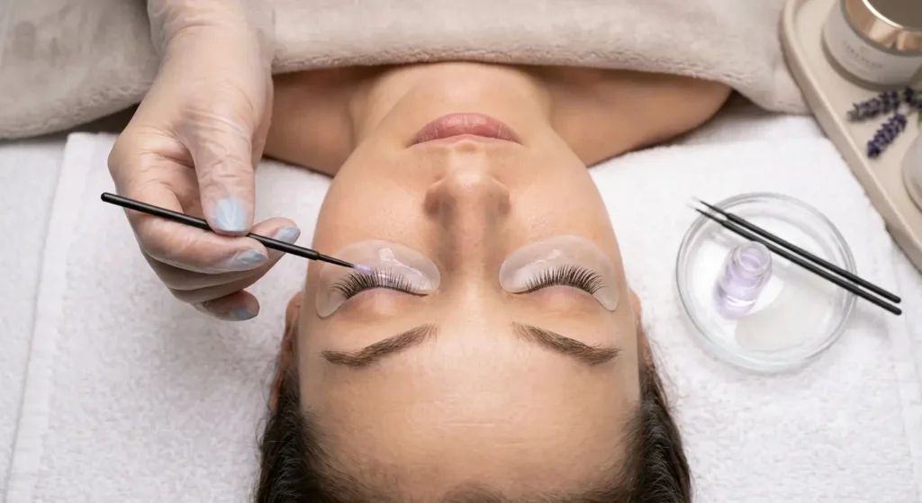 lash lift Blacktown technician applying lifting solution during treatment.