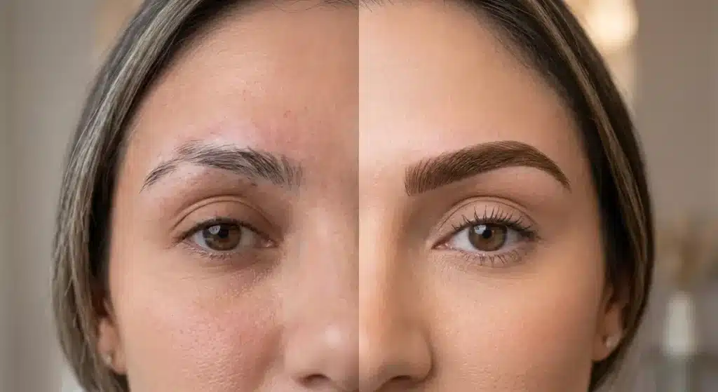 Hybrid brows before and after comparison showing fuller brow definition.